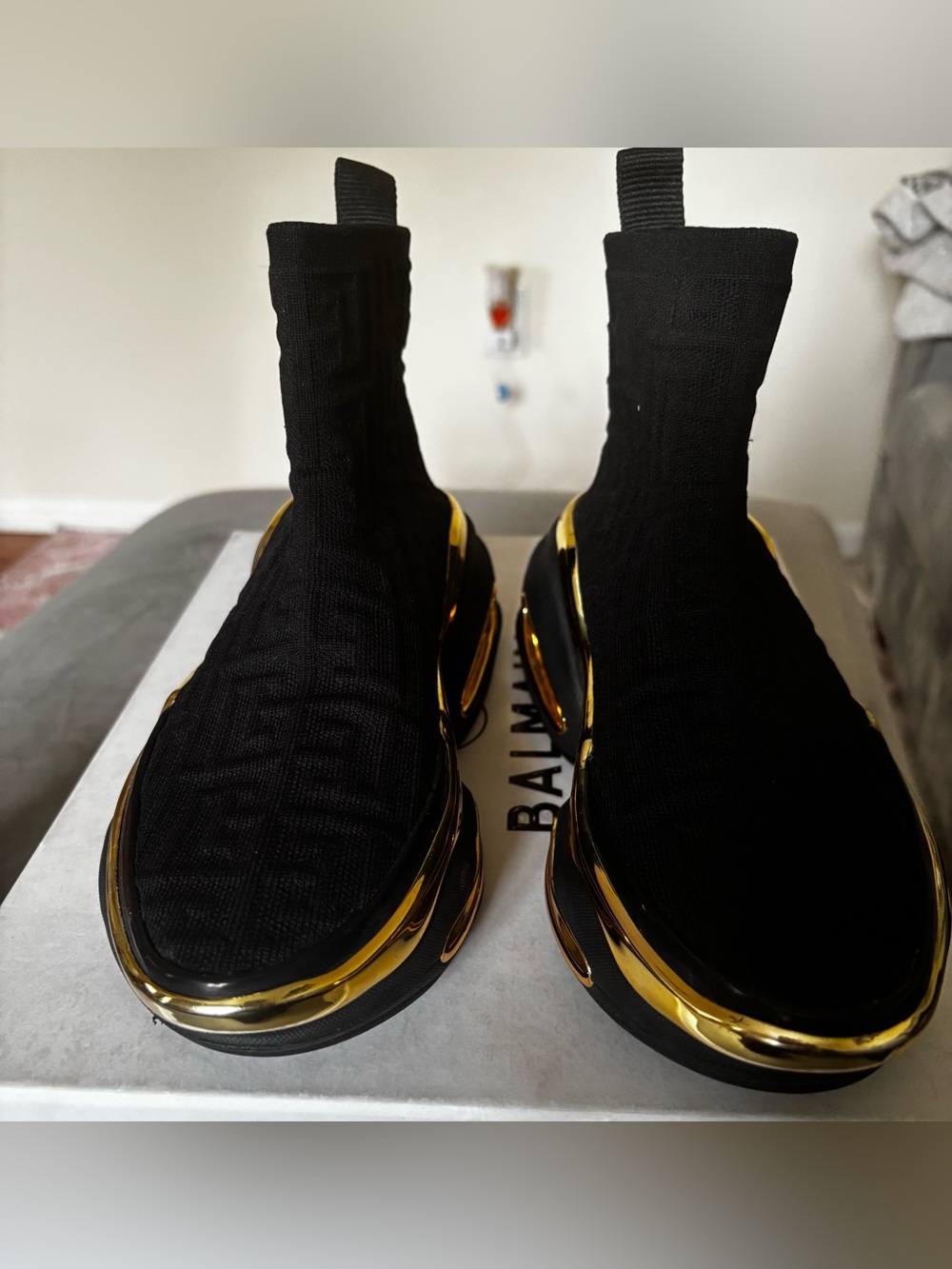 Balmain Black Knit Slip-On Sneakers with Gold Trim